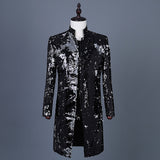 Jinquedai Men's Performance Jacket Black Sequins Suit Men's Suit Stand Collar Nightclub Host Costume Mid-long Coat jinquedai