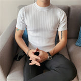 Jinquedai High Quality Summer Short Sleeve Striped Knitted T Shirts For Men Clothing Stretched Slim Fit Casual Tee Shirt Homme 3XL-M jinquedai