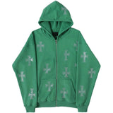 Rhinestone Autumn Cross Zip Up Oversized Hoodie Anime Aesthetic Grunge Streetwear Women's Cyber Y2k Sweatshirts Hoodies худи jinquedai