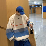 Striped sweater men's autumn and winter fashion brand loose color matching sweater coat versatile lazy wind thickened round neck jinquedai
