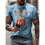 Jinquedai  Route 66 Letter Print T-Shirt Men Summer Short Sleeve Casual Sportwear Tees Highway Style Loose Male Clothes Breathable Tops