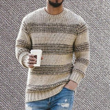 Men Sweater Warm Knitted Pullovers Long Sleeve Sweater Striped Print Casual O Neck Stretchy Knitted Pullover Sweater Streetwear jinquedai