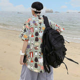 Hawaiian cartoon short sleeve shirt men's summer fashion brand inspi Shuai thin loose cotton half sleeve camisa streetwear jinquedai