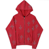 Rhinestone Autumn Cross Zip Up Oversized Hoodie Anime Aesthetic Grunge Streetwear Women's Cyber Y2k Sweatshirts Hoodies худи jinquedai