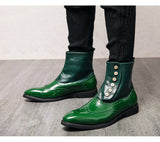 Jinquedai  Green Men Boots High Tube Top Chelsea Mens Boots Italian Button PU Leather Performance Men Art Design Brogue Shoes jinquedai