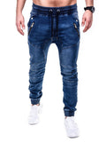 Jinquedai  Solid Color Vintage Man Wrinkle Jeans Blue Classic Cargo Pants Mans Zipper Pockets Hip-hop Denim pants Drawstring Casual Trouser jinquedai