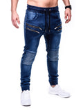 Jinquedai  Solid Color Vintage Man Wrinkle Jeans Blue Classic Cargo Pants Mans Zipper Pockets Hip-hop Denim pants Drawstring Casual Trouser jinquedai