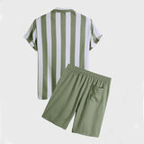 Men's Striped Short Sleeve Suit Hawaiian Casual Button Long Sleeve Shirt & Beach Shorts Street Wear Suit 2 Piece Set jinquedai
