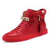 Jinquedai   Men Embossed Crocodile High Top Sneakers Lock Lace Red Flats Real Leather Designer Boots Men‘s Casual Shoes jinquedai