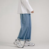 Jinquedai Korean Fashion Men's Baggy Jeans Classic All-match Solid Color Straight-leg Denim Wide-leg Pants Male Light Blue Grey Black jinquedai