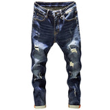 Mens Ripped Jeans Slim Fit Dark Blue Spring Autumn Destroyed Torn Stylish Moto Biker Jeans Denim Pants Men Hip hop Streetwear jinquedai