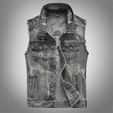 Spring Autumn Vintage Design Mens Denim Vest Male Retor Sleeveless Jackets Men Ripped Hole Jean Waistcoats Clothing 5XL jinquedai