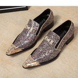 Jinquedai  100% Brand New Men Shoes Handmade Pointed Gold Metal Toe Dress Shoes Men Shiny Wedding/Party Shoes Sapatos Masculino jinquedai