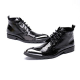 Handmade Boots Men Pointed Metal Tip Black Leather Ankle Boots Lace-up Western Fashion Botas Hombre Cool, Big Sizes 46 jinquedai