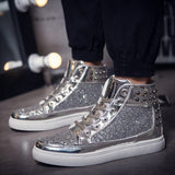 Jinquedai Cool Men Women High Top Gold Glitter Sneakers Lace Up Platform Flats Gold Shoes Man Sequins krasovki Bling Shoes Ins jinquedai