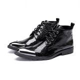 Handmade Boots Men Pointed Metal Tip Black Leather Ankle Boots Lace-up Western Fashion Botas Hombre Cool, Big Sizes 46 jinquedai