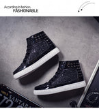 Jinquedai Cool Men Women High Top Gold Glitter Sneakers Lace Up Platform Flats Gold Shoes Man Sequins krasovki Bling Shoes Ins jinquedai