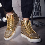 Jinquedai Cool Men Women High Top Gold Glitter Sneakers Lace Up Platform Flats Gold Shoes Man Sequins krasovki Bling Shoes Ins jinquedai