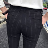 New Mens Fashion Boutique Black Striped Casual Business Suit Pants British Slim Quality Groom Wedding Dress Striped Men Trousers jinquedai