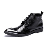 Handmade Boots Men Pointed Metal Tip Black Leather Ankle Boots Lace-up Western Fashion Botas Hombre Cool, Big Sizes 46 jinquedai