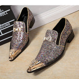 Jinquedai  100% Brand New Men Shoes Handmade Pointed Gold Metal Toe Dress Shoes Men Shiny Wedding/Party Shoes Sapatos Masculino jinquedai