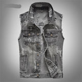 Spring Autumn Vintage Design Mens Denim Vest Male Retor Sleeveless Jackets Men Ripped Hole Jean Waistcoats Clothing 5XL jinquedai