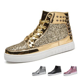 Jinquedai Cool Men Women High Top Gold Glitter Sneakers Lace Up Platform Flats Gold Shoes Man Sequins krasovki Bling Shoes Ins jinquedai