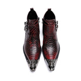 Jinquedai  Korean Type Fashion Men Boots botas hombre Leather Dress Boots Pointed Metal Tip Wine Red Party and Wedding Boots Men jinquedai