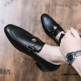 Jinquedai  New British Fashion Pointed Metal Decoration Shoes Flat For Men Dress Formal Wedding Prom Oxford Sapatos Tenis Masculino jinquedai