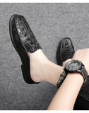 Jinquedai  Black Mules Men Leather Shoes Loafers Crocodile Shoes Men Fashion Half Shoes for Men jinquedai