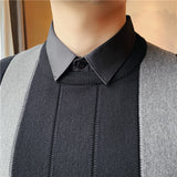 Jinquedai High Quality Simple Fashion Striped Spliced Sweater Men Clothing Fake-2pieces Business Knitted Pullovers Black/Gray 4XL-M jinquedai