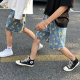 Summer Cotton Denim Shorts Men's Fashion Casual Flowers Denim Shorts Men Streetwear Korean Loose Drawstring Denim Shorts Mens jinquedai