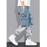 Jinquedai Big Pocket Denim Pants Men Casual Printed Jeans Chic Korean Fashion Loose Male Plus Size Jeans Pour Hommes jinquedai