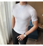 Jinquedai High Quality Summer Short Sleeve Striped Knitted T Shirts For Men Clothing Stretched Slim Fit Casual Tee Shirt Homme 3XL-M jinquedai