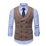 High Quality Mens Plaid Suits Vests Fashion Woolen Patchwork Double Breasted Steampunk Jackets Wedding Slim Fit Chaleco Hombre jinquedai