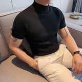 Jinquedai Autumn New Short Sleeve Knitted Sweater Men Clothing  All Match Slim Fit Stretched Turtleneck Casual Pull Homme Pullovers jinquedai