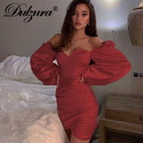 Jinquedai Solid Women Satin Lantern Sleeve Mini Dress Slit Ruched Bodycon Sexy Party Elegant Streetwear Club Spring Summer jinquedai