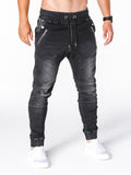 Jinquedai  Solid Color Vintage Man Wrinkle Jeans Blue Classic Cargo Pants Mans Zipper Pockets Hip-hop Denim pants Drawstring Casual Trouser jinquedai