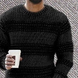 Men Sweater Warm Knitted Pullovers Long Sleeve Sweater Striped Print Casual O Neck Stretchy Knitted Pullover Sweater Streetwear jinquedai