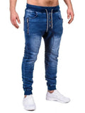 Jinquedai  Solid Color Vintage Man Wrinkle Jeans Blue Classic Cargo Pants Mans Zipper Pockets Hip-hop Denim pants Drawstring Casual Trouser jinquedai