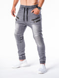 Jinquedai  Solid Color Vintage Man Wrinkle Jeans Blue Classic Cargo Pants Mans Zipper Pockets Hip-hop Denim pants Drawstring Casual Trouser jinquedai