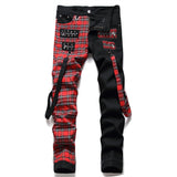 New Fashion Red Plaid Patchwork Punk Zipper Men Pencil Jeans Trousers Y2K Buckle Hip Hop Gothic Slim Denim Pants Pantaloni Uomo jinquedai