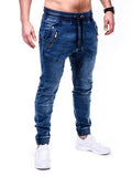 Jinquedai  Solid Color Vintage Man Wrinkle Jeans Blue Classic Cargo Pants Mans Zipper Pockets Hip-hop Denim pants Drawstring Casual Trouser jinquedai