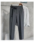 Autumn Hot Fashion Men¡¯s Stitching Belt Suit Pants Retro Casual British Style Skinny Pant Ankle-Length Slim-Fit Pants jinquedai