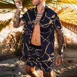 Summer Men Clothing Set Casual Hawaiian Print Short Sleeve Shirt and Beach Shorts Quick-drying 2 Piece Suit jinquedai