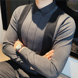 Jinquedai High Quality Simple Fashion Striped Spliced Sweater Men Clothing Fake-2pieces Business Knitted Pullovers Black/Gray 4XL-M jinquedai