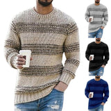 Men Sweater Warm Knitted Pullovers Long Sleeve Sweater Striped Print Casual O Neck Stretchy Knitted Pullover Sweater Streetwear jinquedai