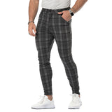 Jinquedai  Casual Mens Chinos Cotton Slim Fit Men Pants Trousers Skinny Chinos Pants Grey Ankle Length Streetwear Plaid Side Stripe Pants jinquedai