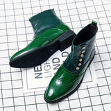 Jinquedai  Green Men Boots High Tube Top Chelsea Mens Boots Italian Button PU Leather Performance Men Art Design Brogue Shoes jinquedai