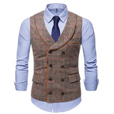 High Quality Mens Plaid Suits Vests Fashion Woolen Patchwork Double Breasted Steampunk Jackets Wedding Slim Fit Chaleco Hombre